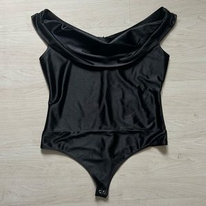 black off the shoulder or boat neck bodysuit